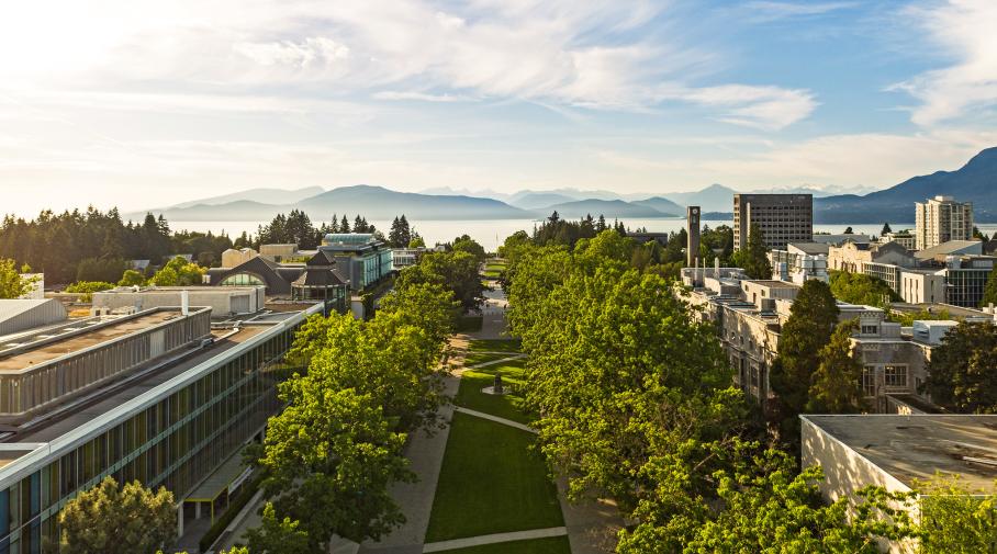 Aerial of UBC Vancouver campus main mall