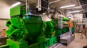 The cogeneration engine at the BRDF uses renewable natural gas to produce electricity and heat for the UBC Campus.